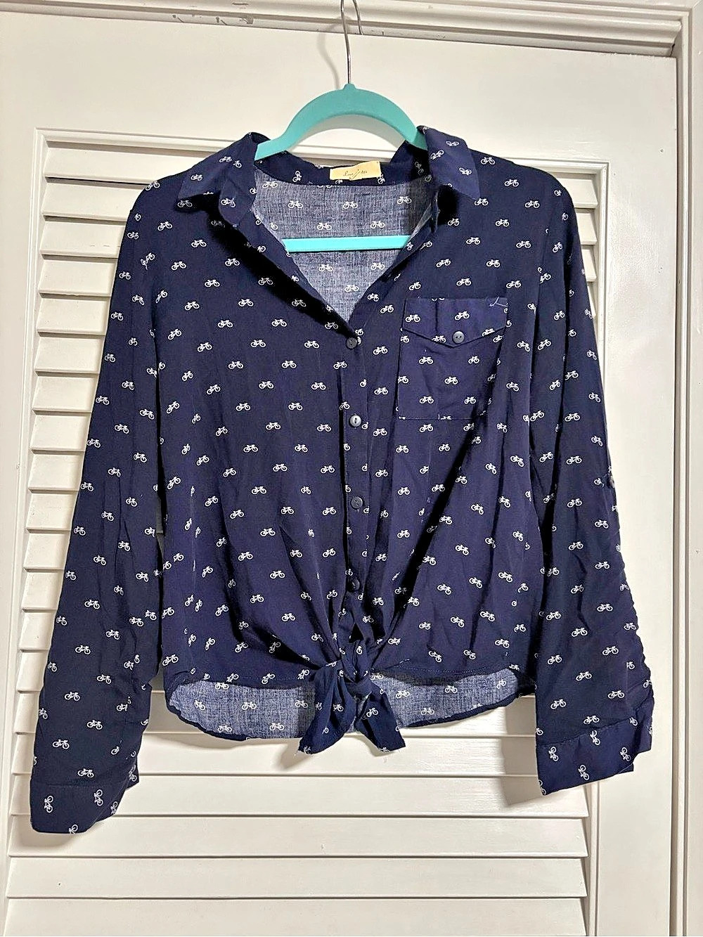 Love Notes Navy Bicycle Print Button-Down Tie Front Blouse Tie-Front Shirt Size